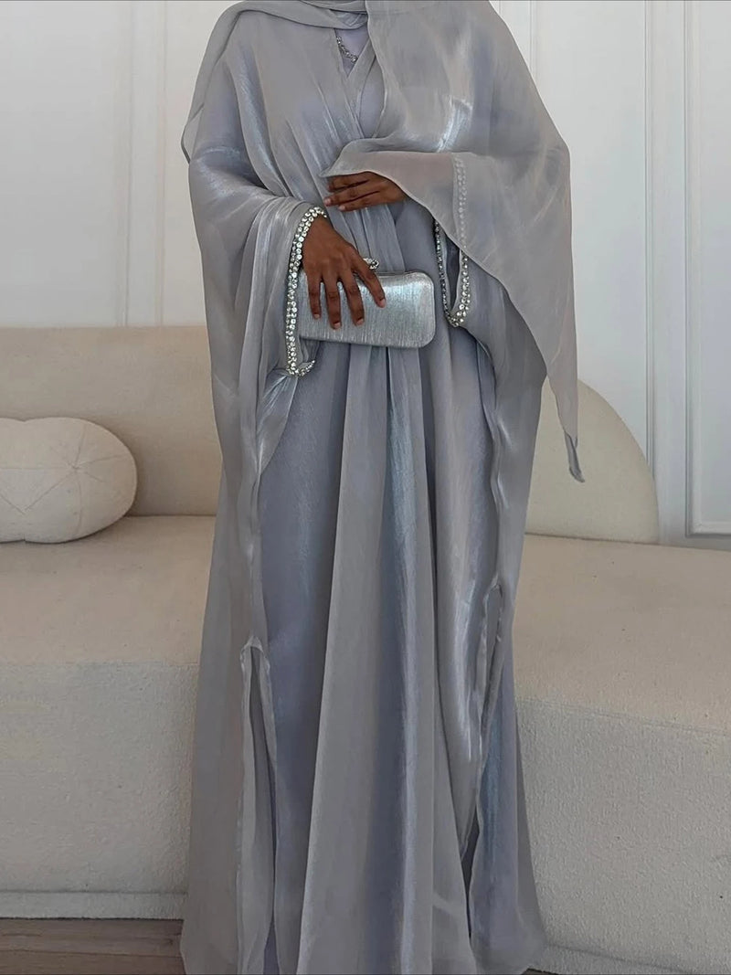 Abaya Scarf Dress 3 Piece Set for Women Cardigan Ramadan Beading Sleeve Dubai Jalabiya Kaftan Vestidos Arab Robe 2025