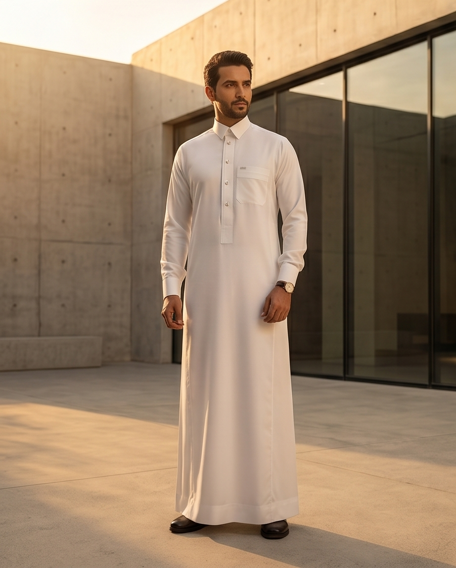 Designer Cream Micro-Pattern Thobe – Modern Fit Islamic Robe for Men - Raakaat