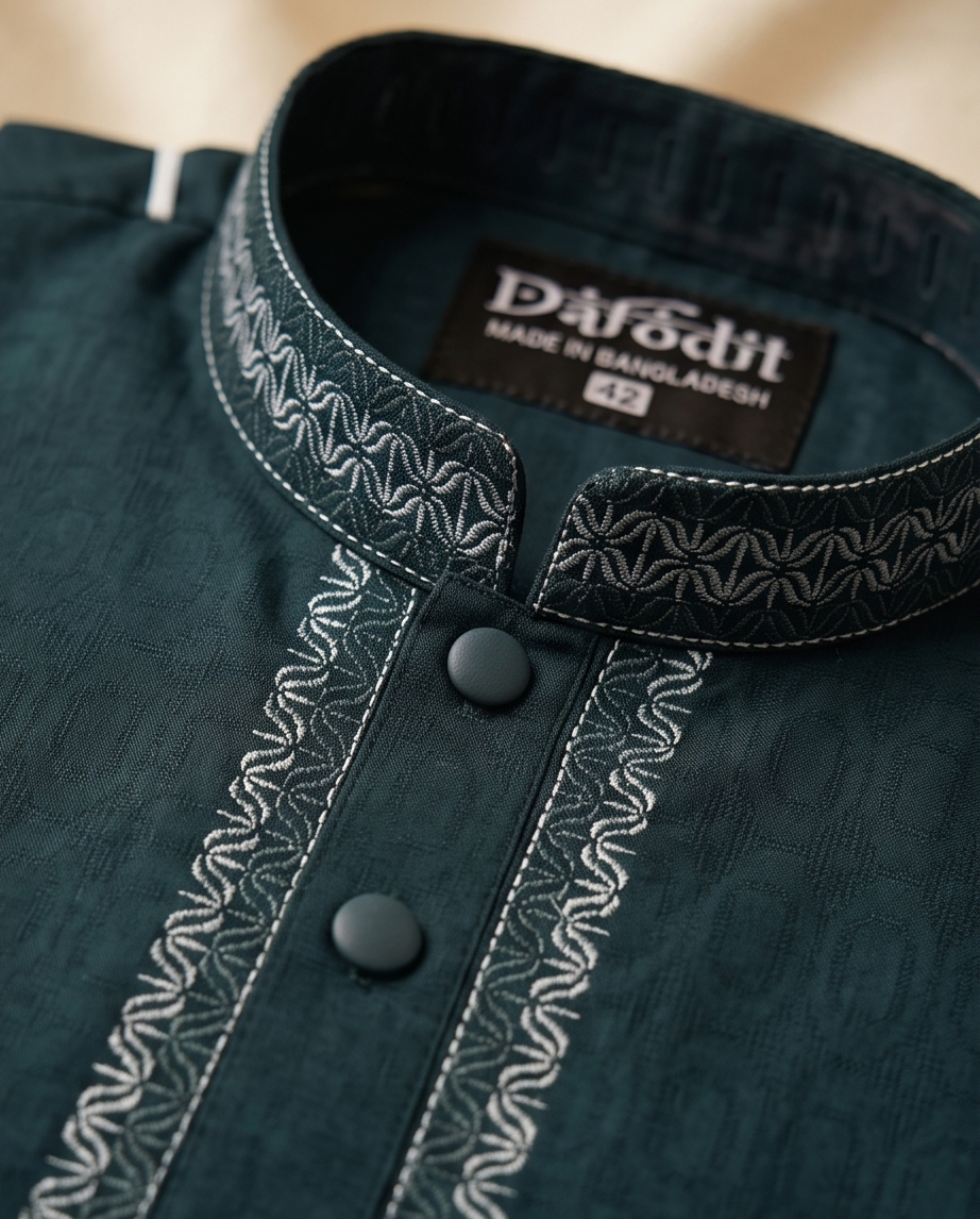 Majestic Teal Geometric Embroidered Panjabi|385| - Raakaat