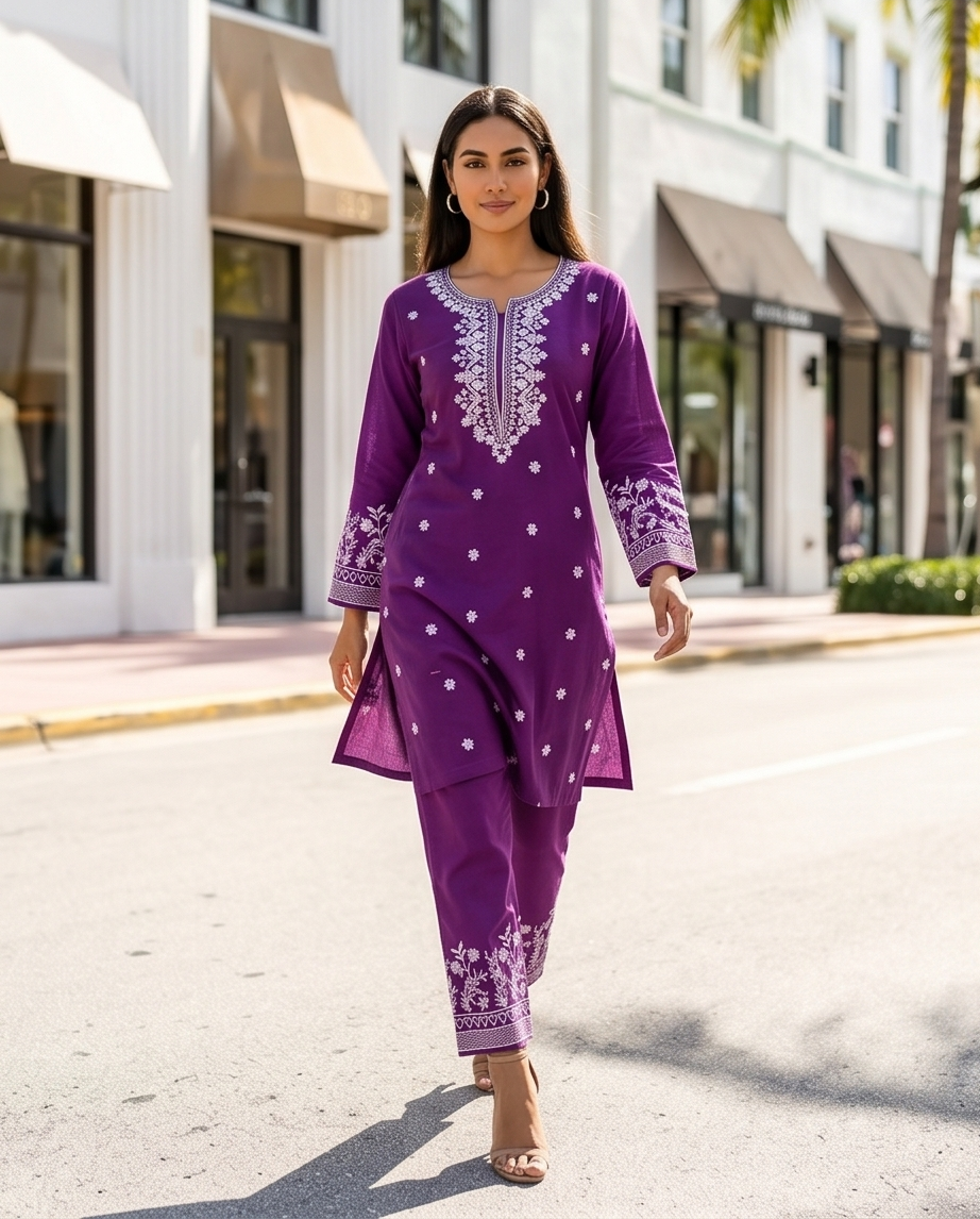 Chic Magenta Purple Embroidered Cotton Kurti Set | TPS08 - Raakaat