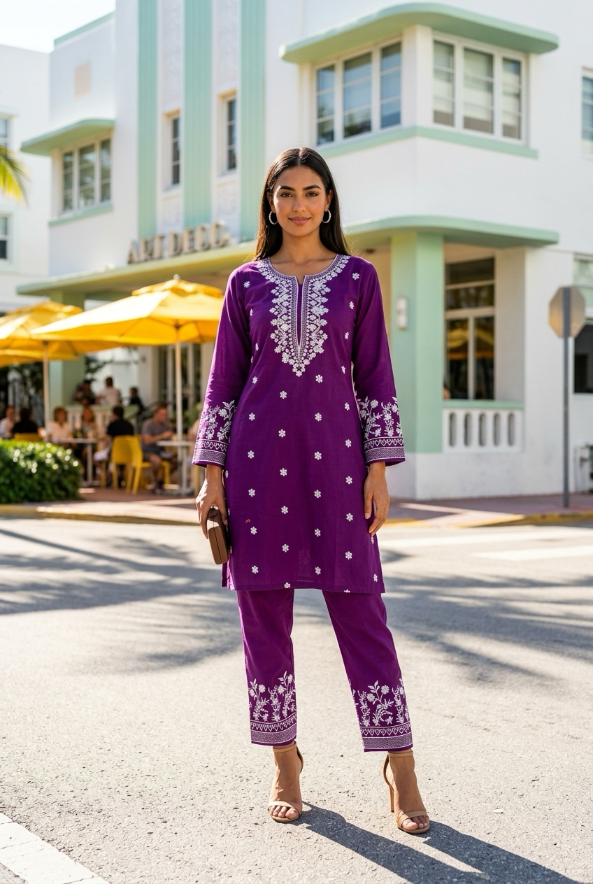 Chic Magenta Purple Embroidered Cotton Kurti Set | TPS08 - Raakaat