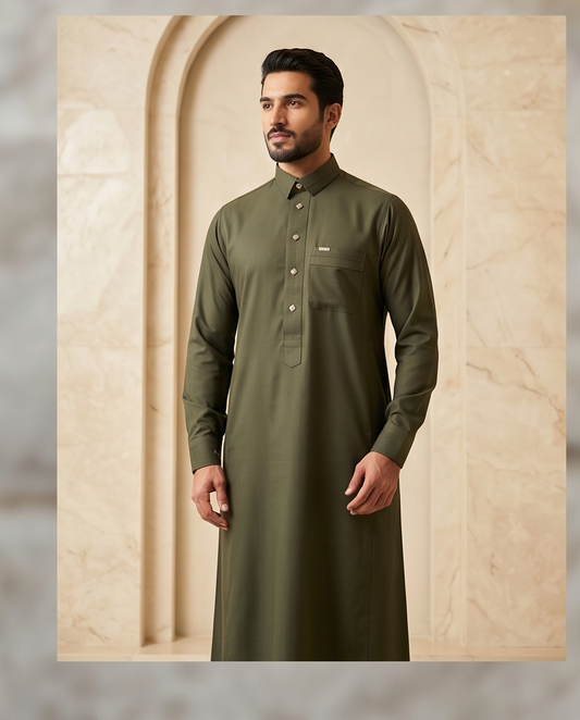 Men's Olive Green Textured Thobe – Premium Saudi Style Jubba with Geometric Buttons - Raakaat