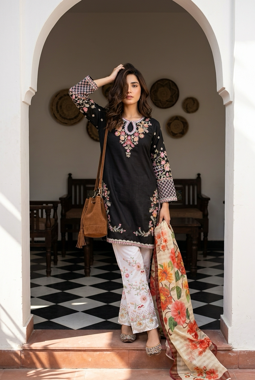 Fully Stitched 3-Piece Black & White Salwar Kameez - Floral Embroidery | TPS03 - Raakaat
