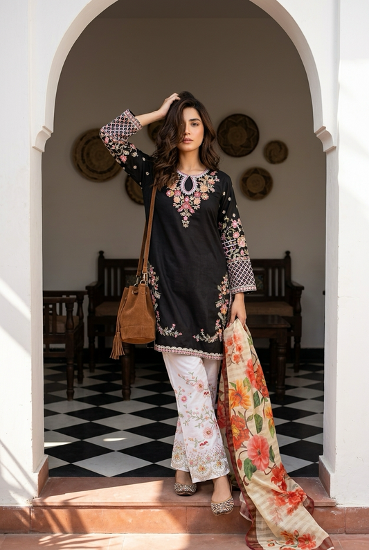 Fully Stitched 3-Piece Black & White Salwar Kameez - Floral Embroidery | TPS03 - Raakaat