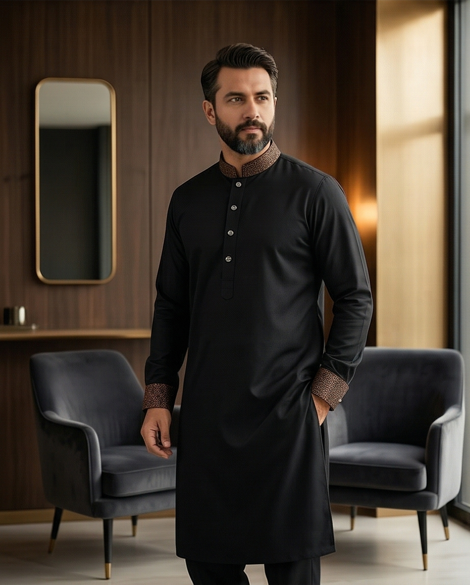 Elegant Black Premium Panjabi with Contrast Collar & Cuff Design | 392 - Raakaat