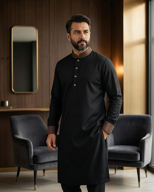 Elegant Black Premium Panjabi with Contrast Collar & Cuff Design | 392 - Raakaat