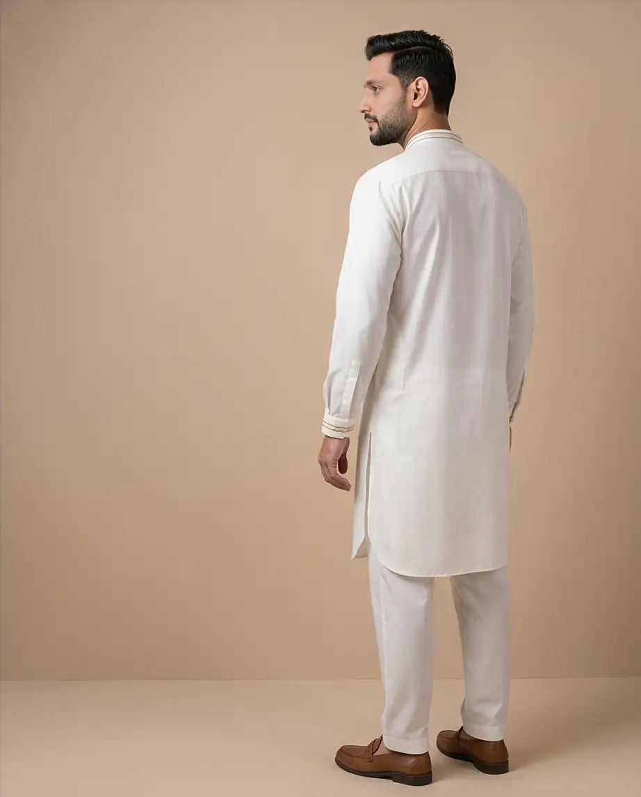 Men's Pristine White Kurta Pajama Set with Gold Accents | W3 - Raakaat
