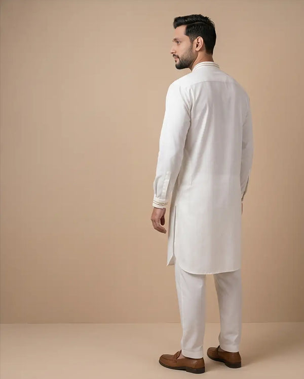 Men's Pristine White Kurta Pajama Set with Gold Accents | W3 - Raakaat