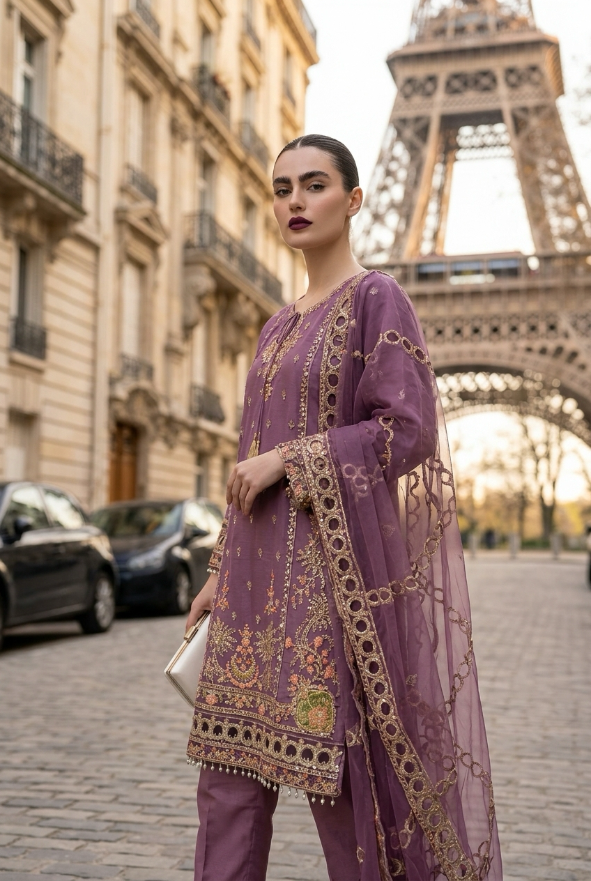 Fully Stitched 3-Piece Mauve Salwar Kameez - Ready-to-Wear Designer Festive Suit | TPS02 - Raakaat