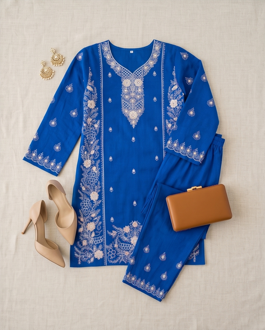 Striking Sky Blue Embroidered Cotton Kurti Set | TPS06 - Raakaat