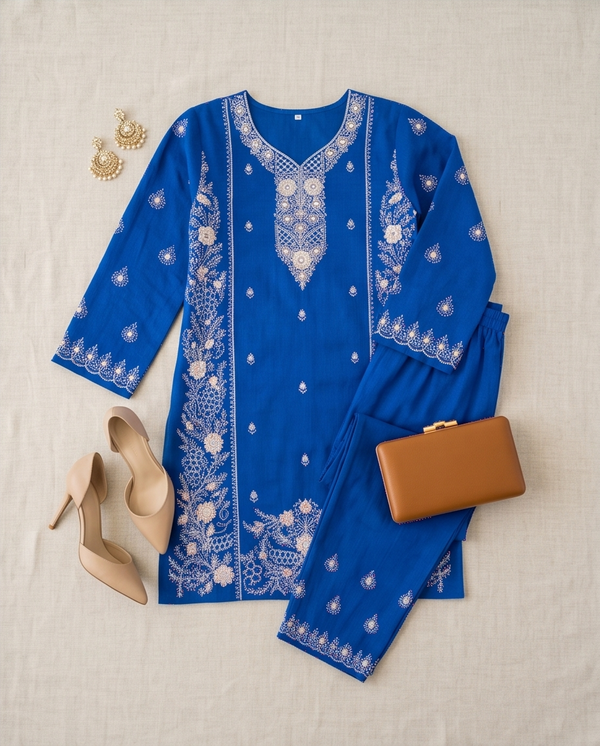 Striking Sky Blue Embroidered Cotton Kurti Set | TPS06 - Raakaat