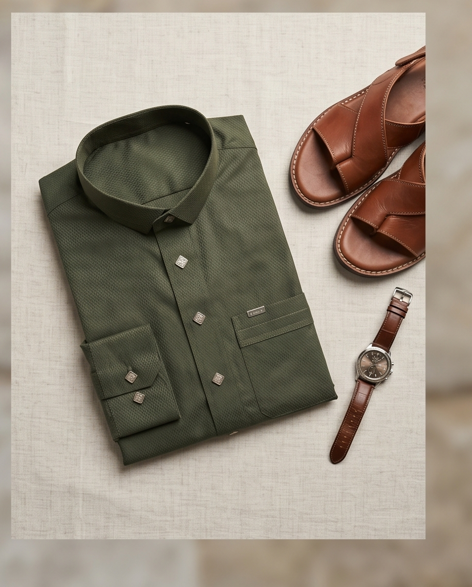 Men's Olive Green Textured Thobe – Premium Saudi Style Jubba with Geometric Buttons - Raakaat