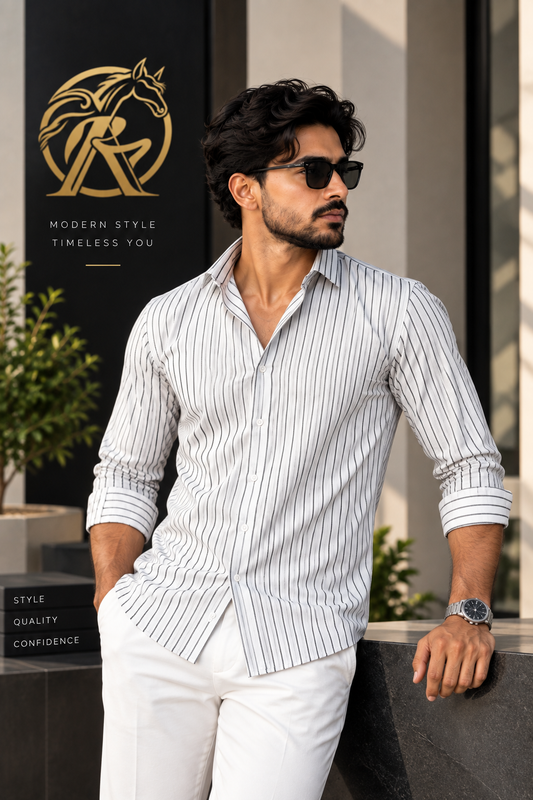 Premium Men’s White Striped Shirt – Slim Fit Long Sleeve |