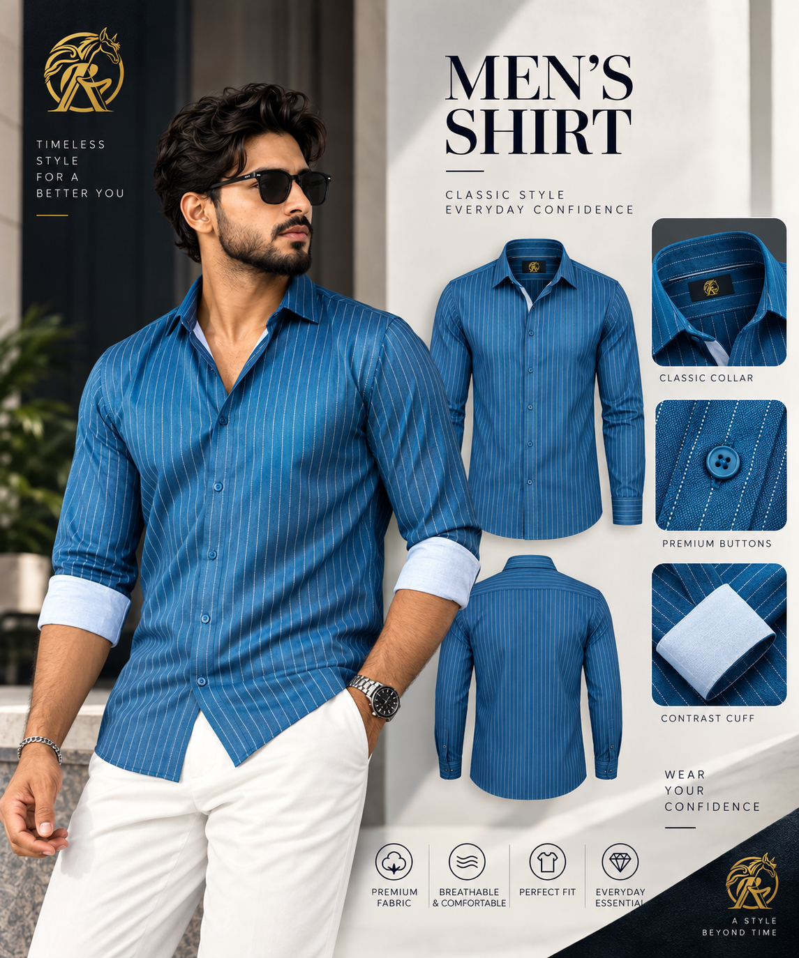 Premium Ocean Blue Pinstripe Men’s Shirt – Slim Fit Long Sleeve |
