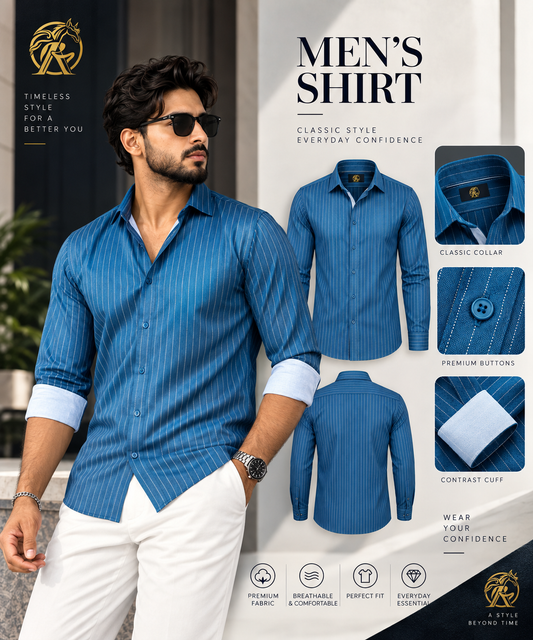 Premium Ocean Blue Pinstripe Men’s Shirt – Slim Fit Long Sleeve |