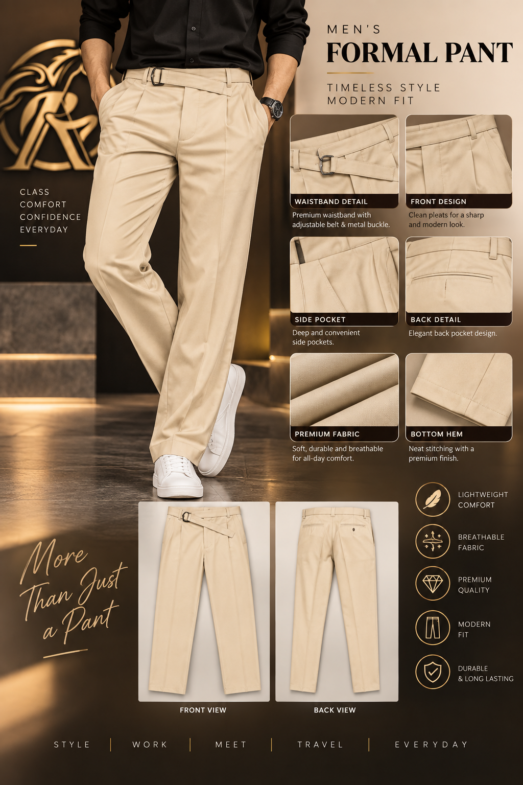 Men’s Korean Style Formal Pants – Premium Straight Fit Belted Trousers