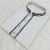 Ivory Noor – Minimalist Bangladeshi Panjabi P0004 featuring a soft ivory tone and subtle black detailing.