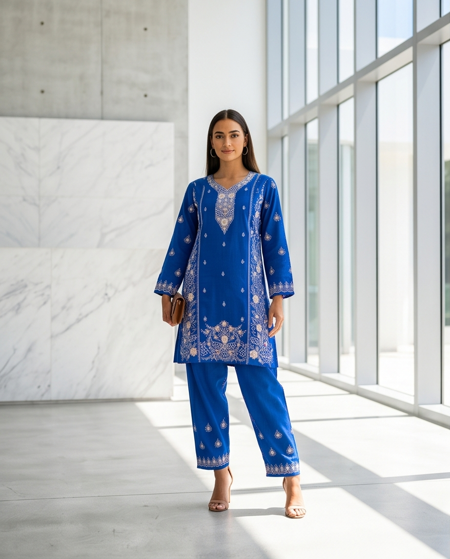 Striking Sky Blue Embroidered Cotton Kurti Set | TPS06 - Raakaat