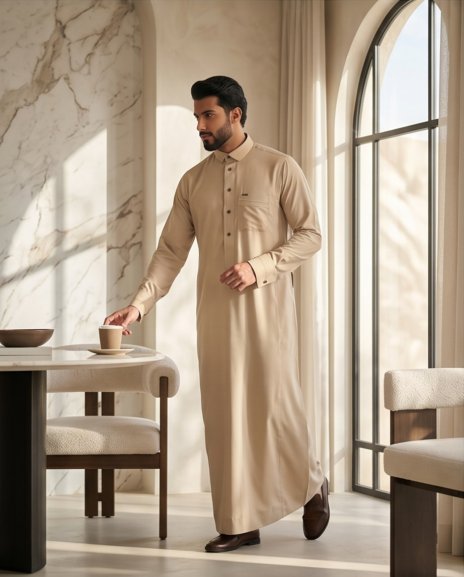 Men’s Sand Beige Textured Thobe – Premium Saudi Style Jubba - Raakaat