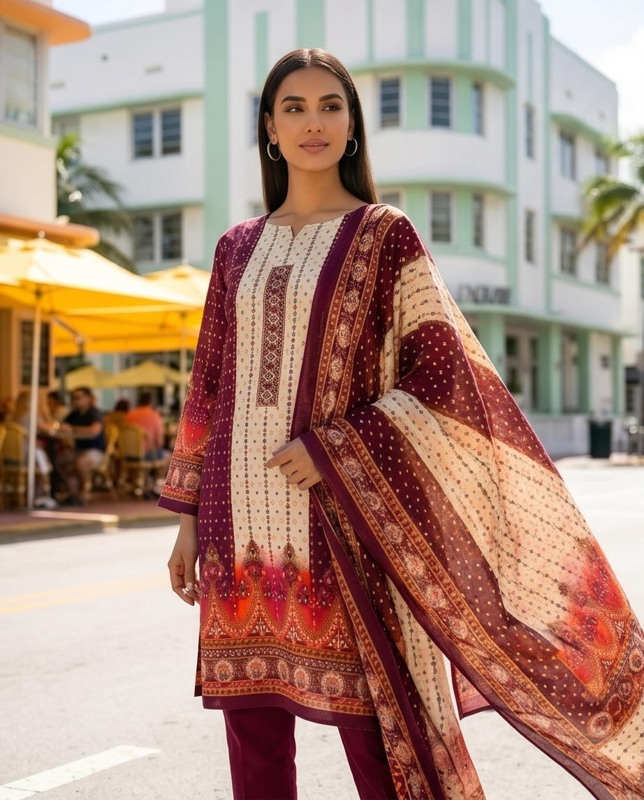 Elegant Plum Maroon Printed Jamjam Cotton Unstitched Three-Piece Suit.. - Raakaat