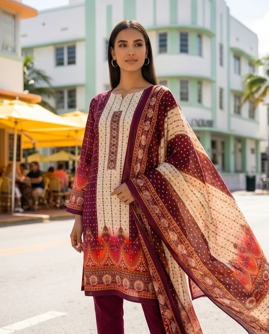 Elegant Plum Maroon Printed Jamjam Cotton Unstitched Three-Piece Suit.. - Raakaat