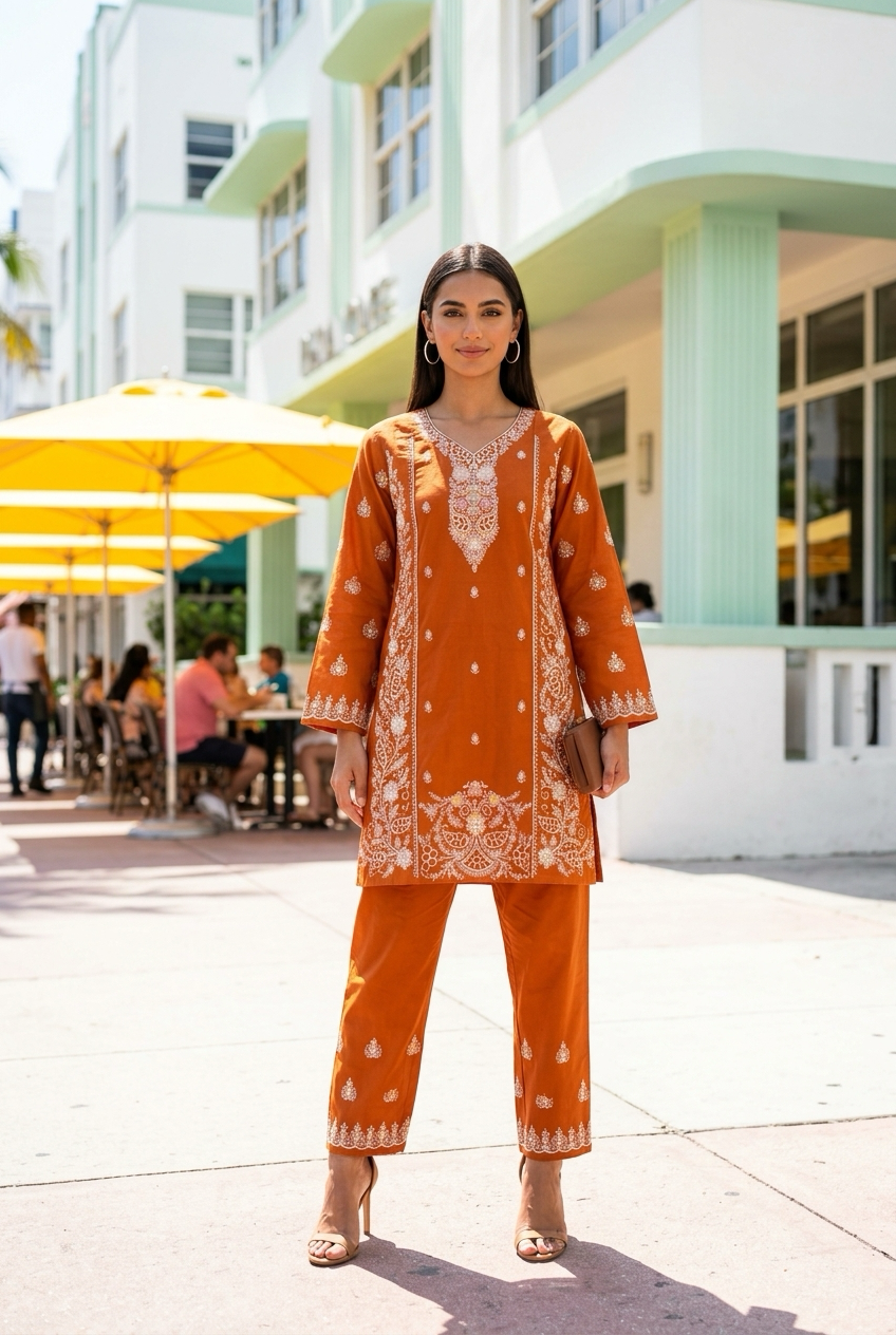 Elegant Rust Brown Embroidered Cotton Kurti Set | TPS07 - Raakaat