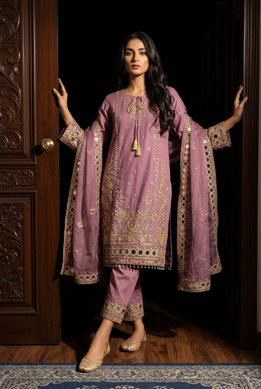 Fully Stitched 3-Piece Mauve Salwar Kameez - Ready-to-Wear Designer Festive Suit | TPS02 - Raakaat