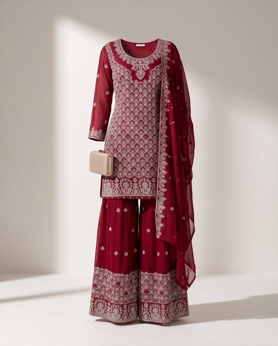 3-Piece  Embroidered stitched Salwar Kameez with Flared Sharara Pants | TPS04 - Raakaat