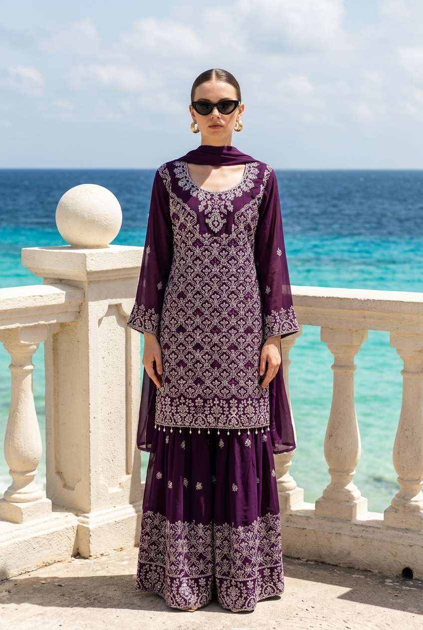 3-Piece  Embroidered stitched Salwar Kameez with Flared Sharara Pants | TPS04 - Raakaat