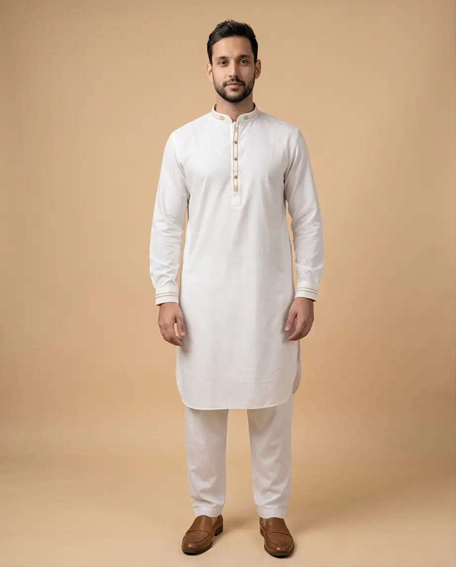 Men's Pristine White Kurta Pajama Set with Gold Accents | W3 - Raakaat