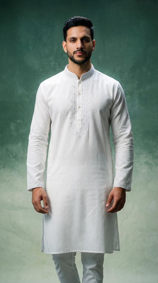 Ivory Grace Chikankari-Inspired Embroidered Panjabi   P0014 | 255 - Raakaat