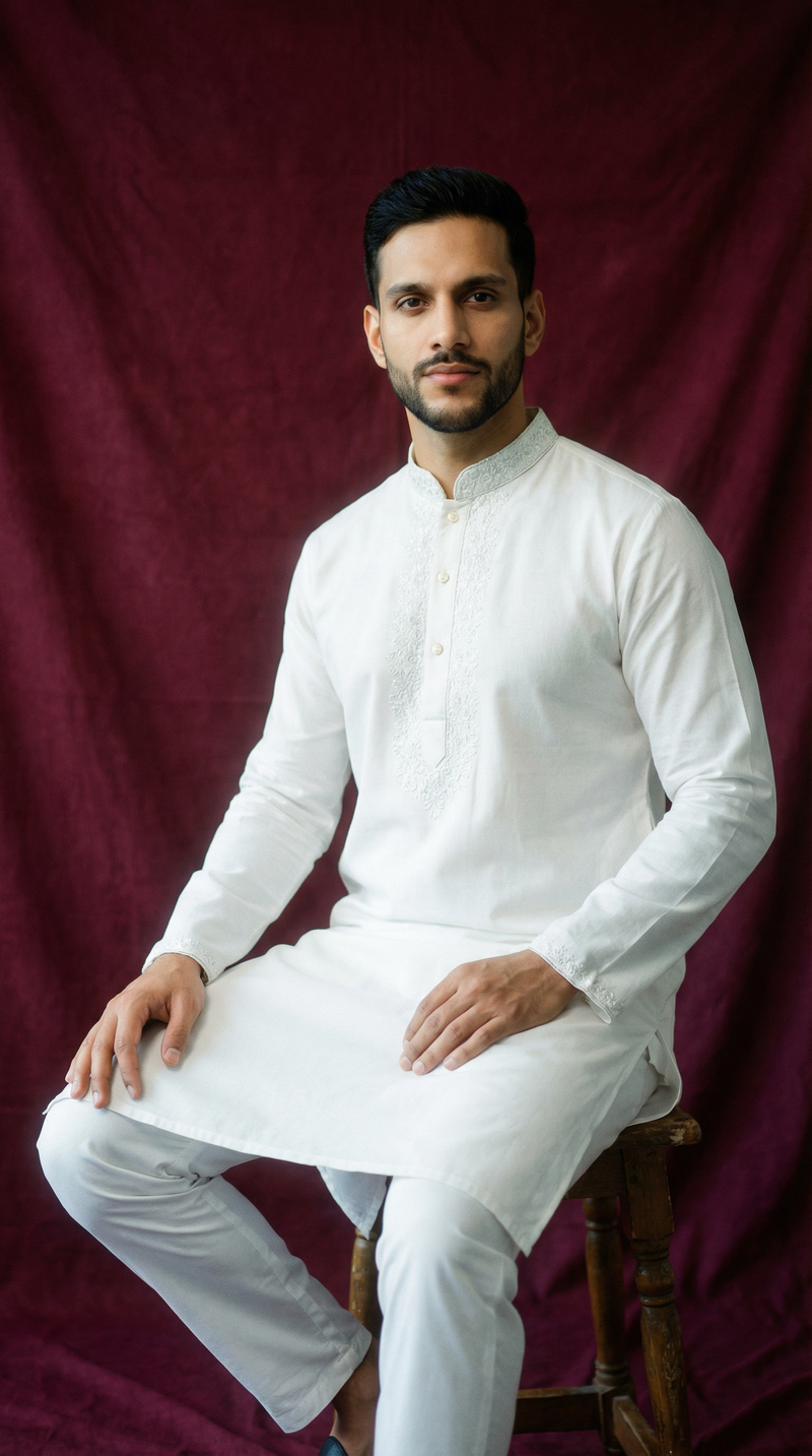 Ivory Grace Chikankari-Inspired Embroidered Panjabi   P0014