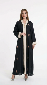 Premium Floral-Embroidered Contrast Abaya |  A0013