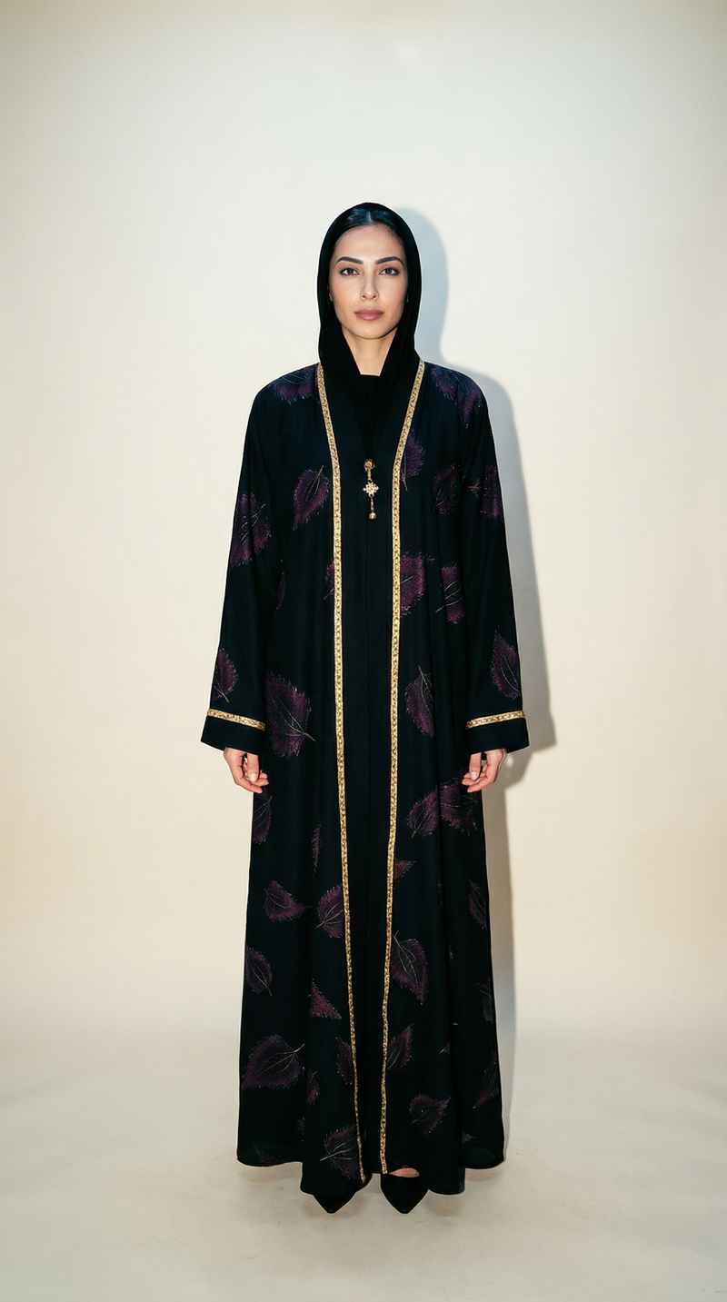 The Amethyst Leaf Embroidered Abaya – Royal Black & Gold Edition   A0009