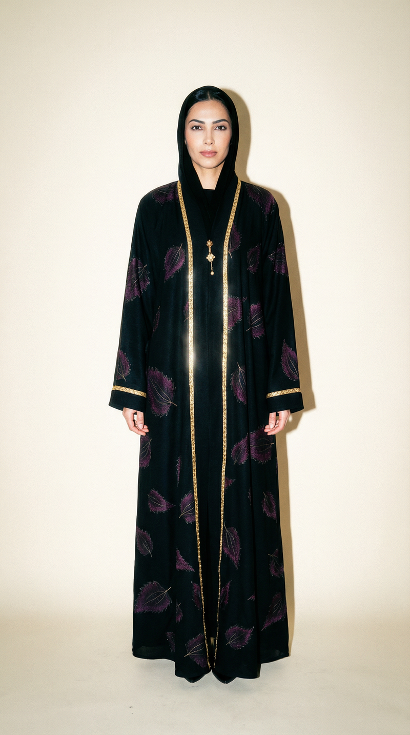 The Amethyst Leaf Embroidered Abaya – Royal Black & Gold Edition   A0009