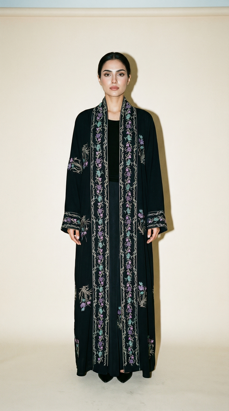 Midnight Meadow Abaya with Intricate Threadwork  A0010