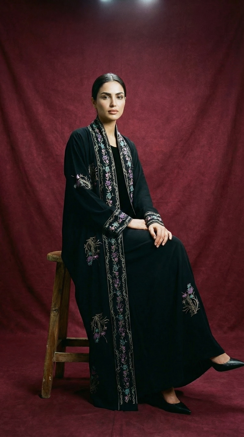 Midnight Meadow Abaya with Intricate Threadwork  A0010