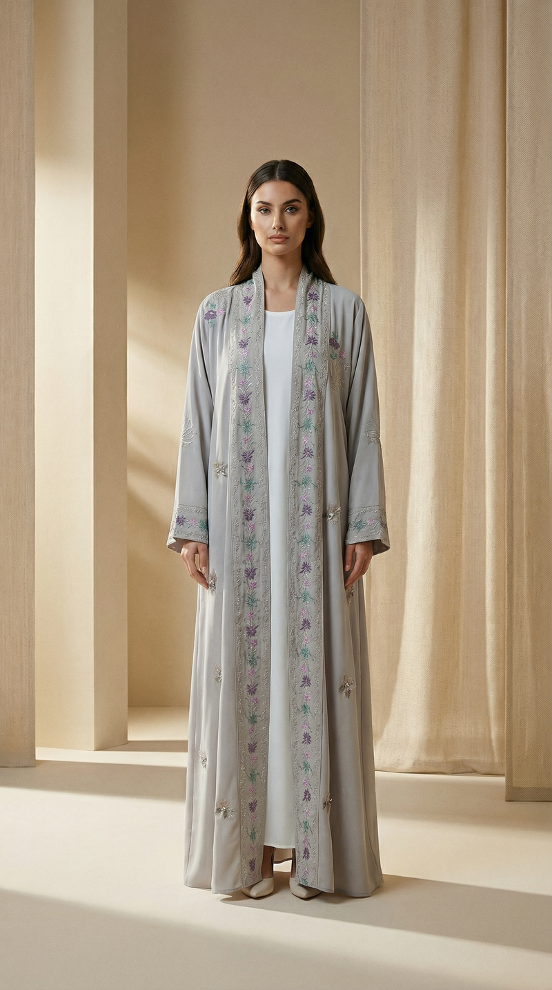 Soft Grey Embroidered Abaya   A0011