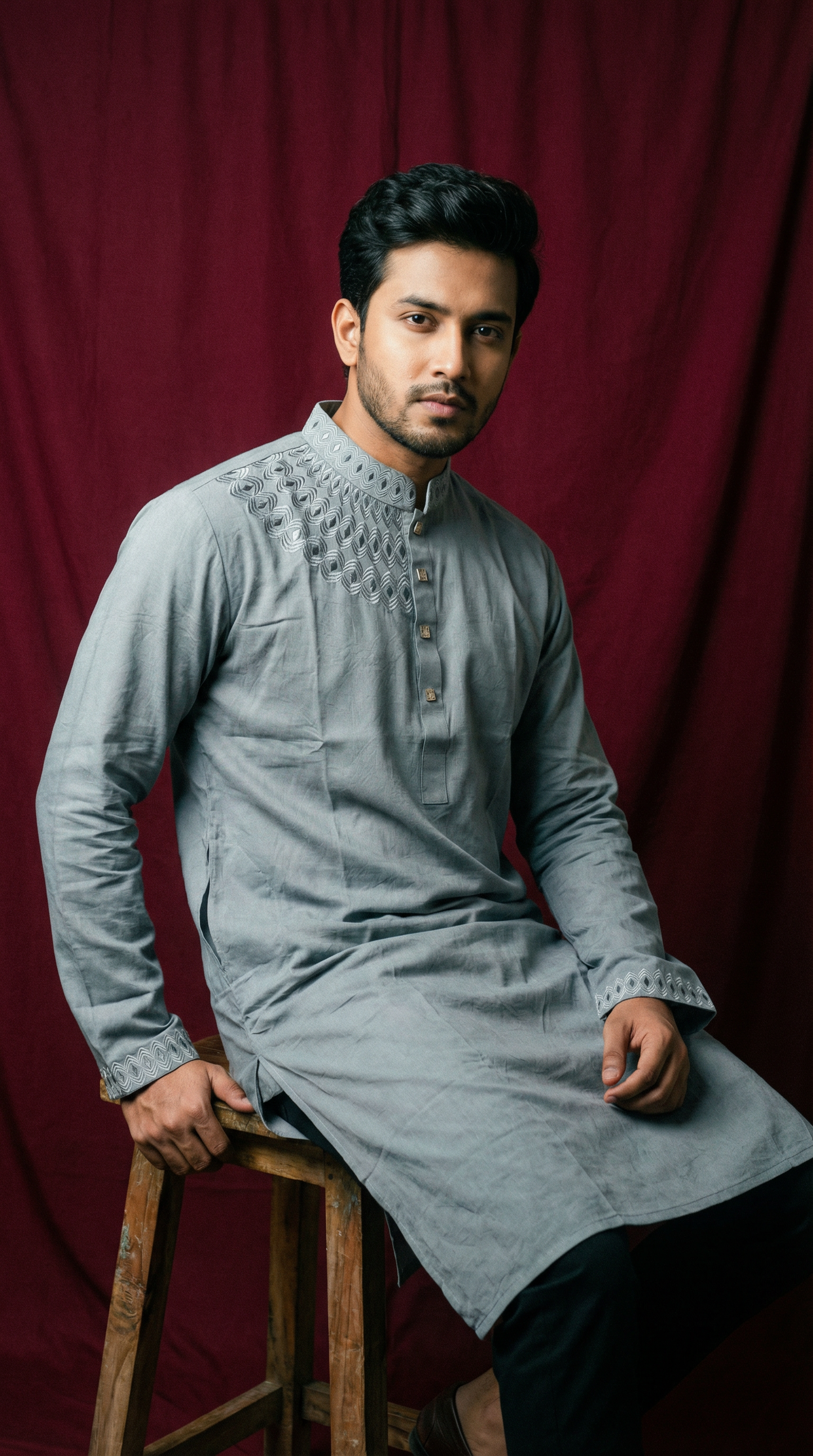 The Slate Elegance | Embroidered Grey Panjabi  | P0031| 184 - Raakaat