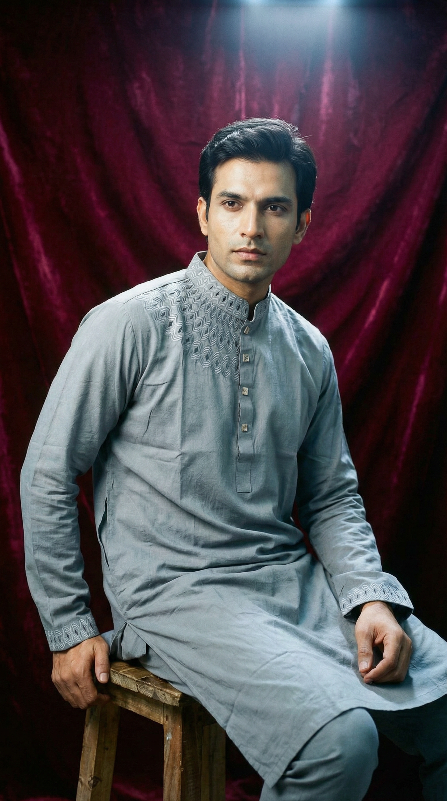 The Slate Elegance | Embroidered Grey Panjabi  | P0031| 184 - Raakaat