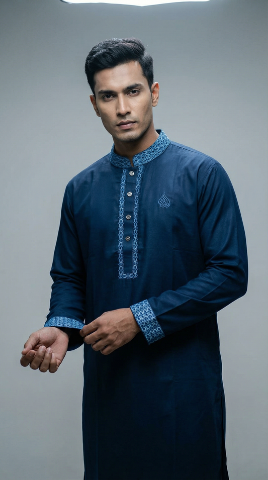 Midnight Azure Embroidered Panjabi | P0032 | 386 - Raakaat
