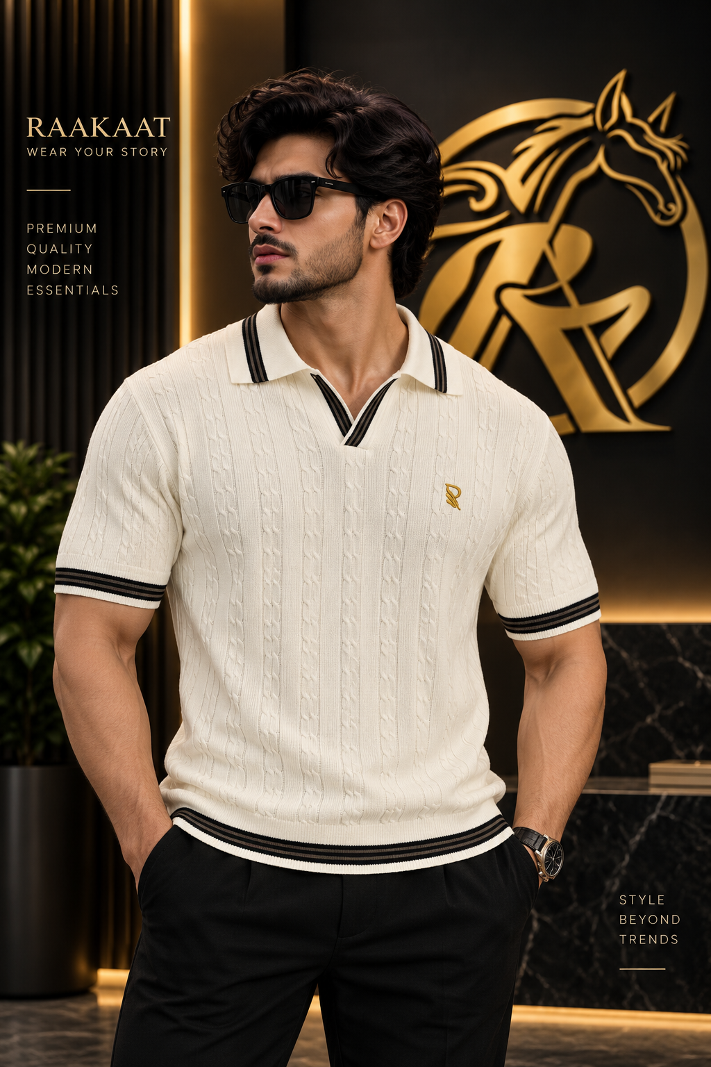 Men’s Old Money Cable Knit Polo T-Shirt – Cream | Premium Polo |