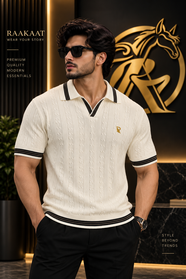 Men’s Old Money Cable Knit Polo T-Shirt – Cream | Premium Polo |