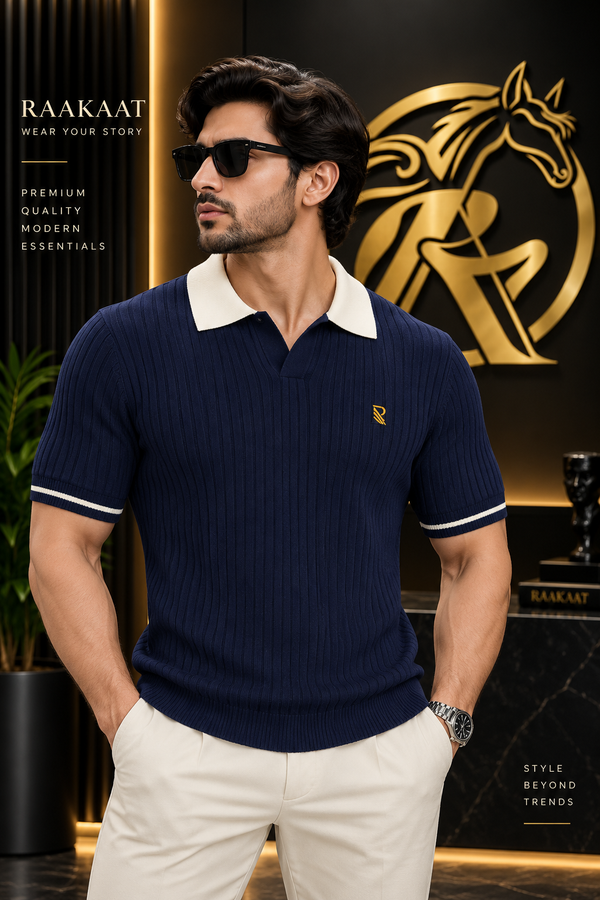 Men’s Old Money Ribbed Polo T-Shirt – Navy Blue | Premium Knit
