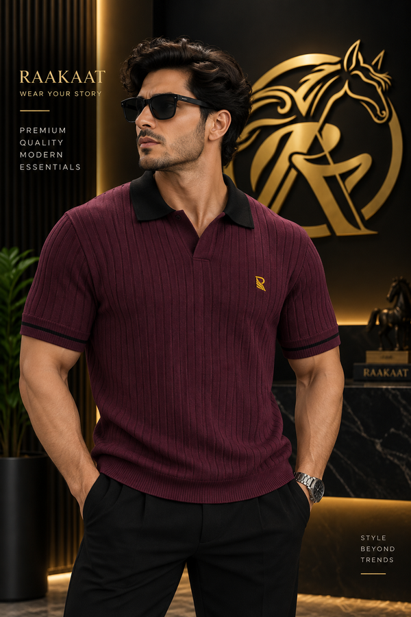 Men’s Old Money Ribbed Polo T-Shirt – Burgundy | Premium Knit |
