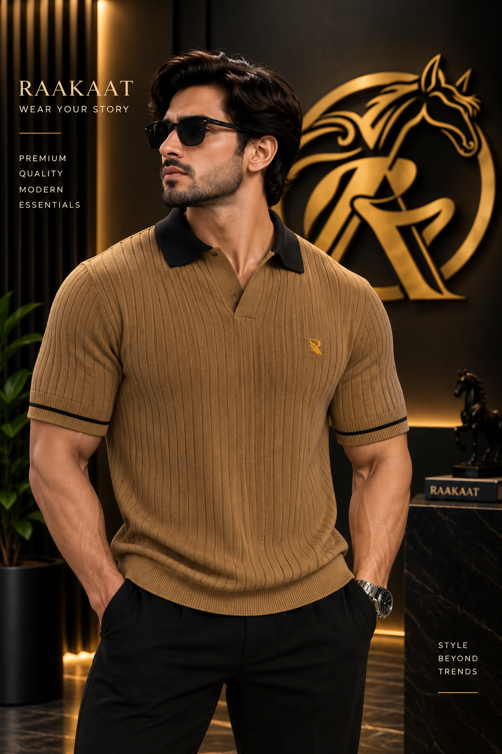 Men’s Old Money Ribbed Knit Polo T-Shirt – Premium Brown & Black |