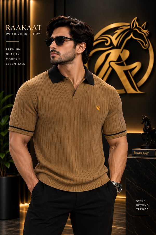 Men’s Old Money Ribbed Knit Polo T-Shirt – Premium Brown & Black |