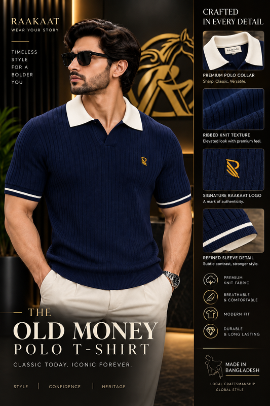Men’s Old Money Ribbed Polo T-Shirt – Navy Blue | Premium Knit