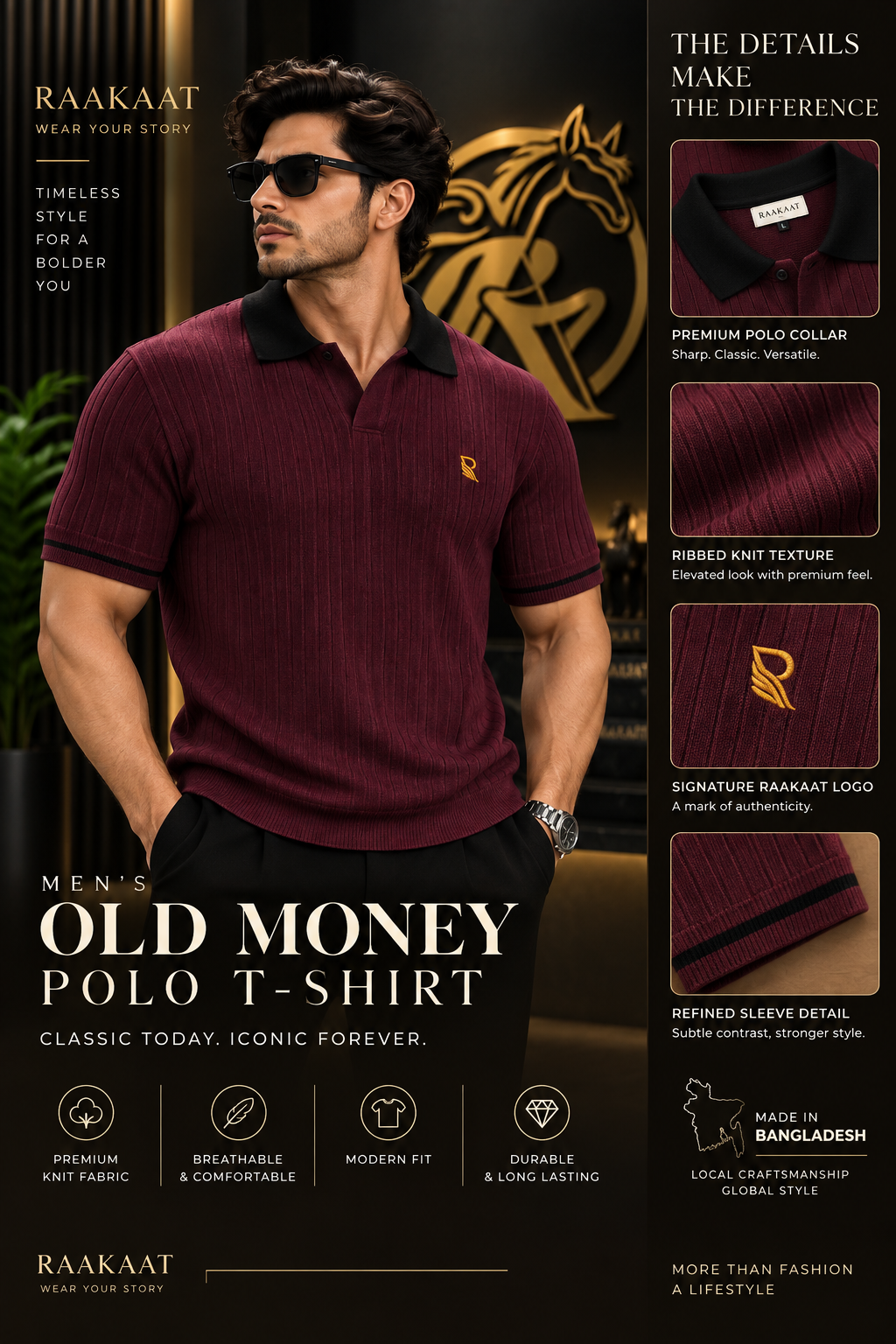 Men’s Old Money Ribbed Polo T-Shirt – Burgundy | Premium Knit |