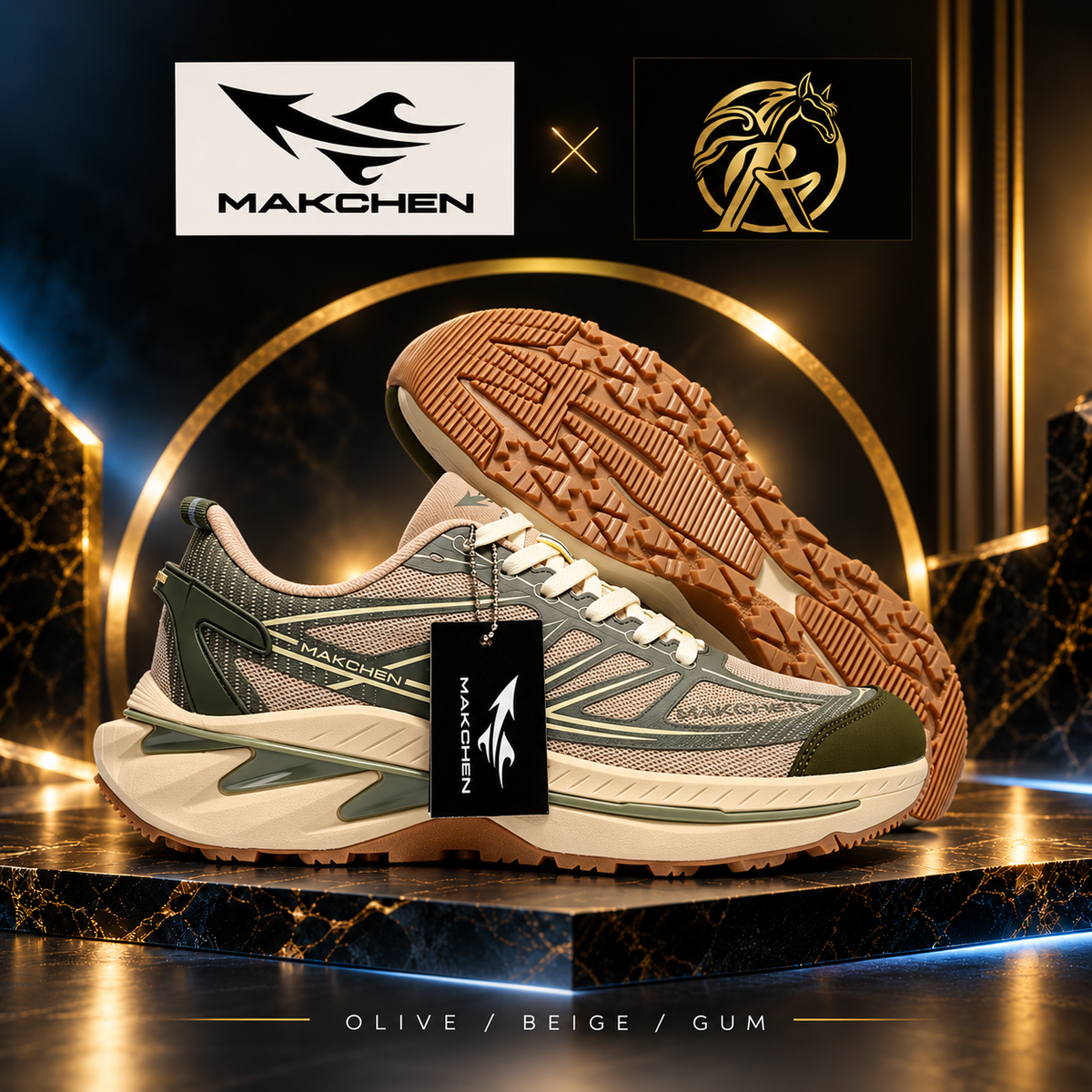 Makchen Olive & Beige Chunky Sneakers with Gum Sole | RK-SH-001